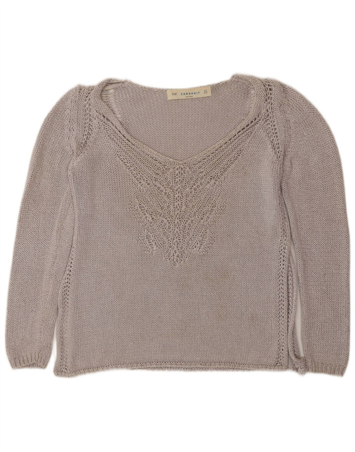 Zara Pull col V pour femme UK 14 Gris moyen