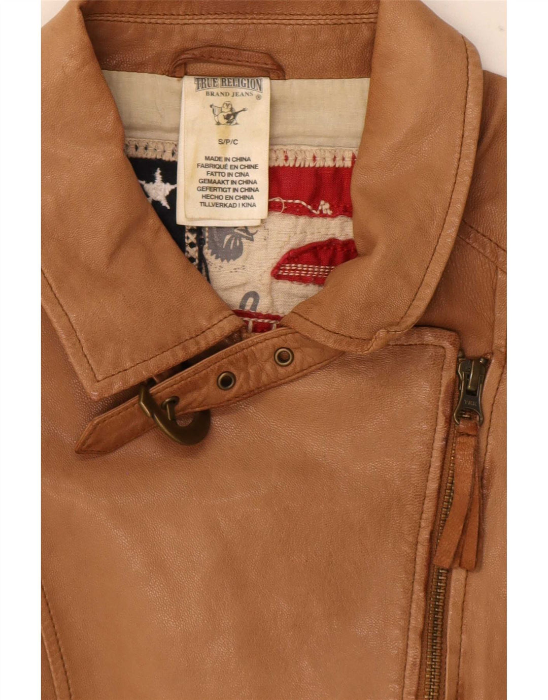 True Religion Veste de motard en cuir pour femme UK 10 Small Beige Colourblock