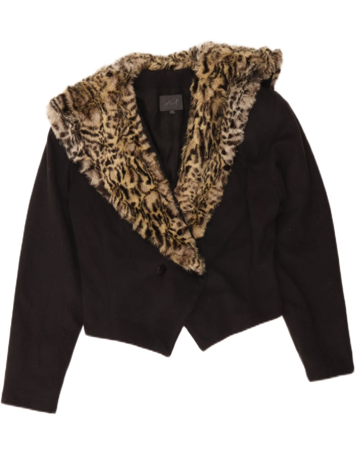 vintage Femme Crop Blazer Veste UK 14 Moyen Noir Animal Print