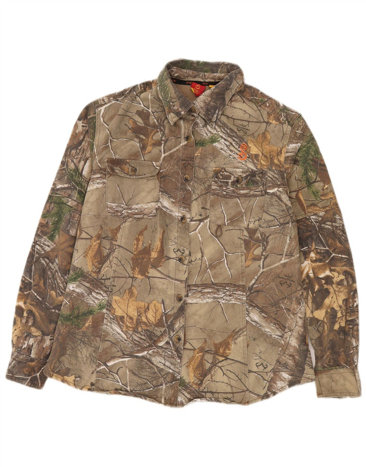 VINTAGE Chemise à motif abstrait femme UK 16 Grand coton colorblock kaki