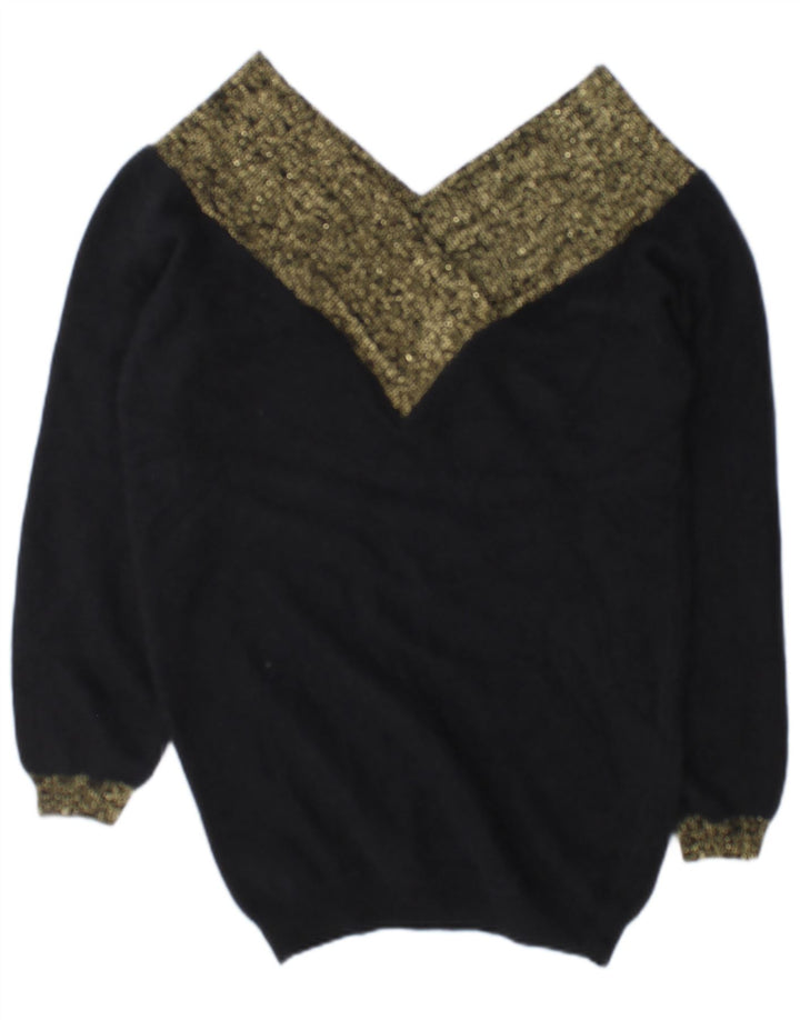 vintage Femme Col V Jumper Pull EU 38/40 Medium Black Colourblock