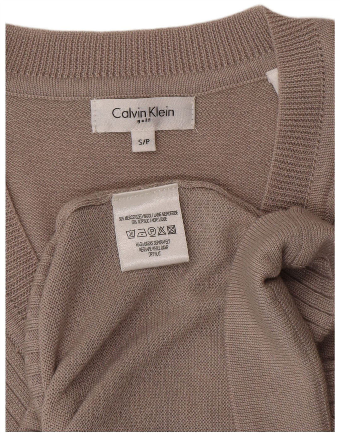 CALVIN KLEIN Pull de golf à col en V pour femme UK 10 Petite laine beige