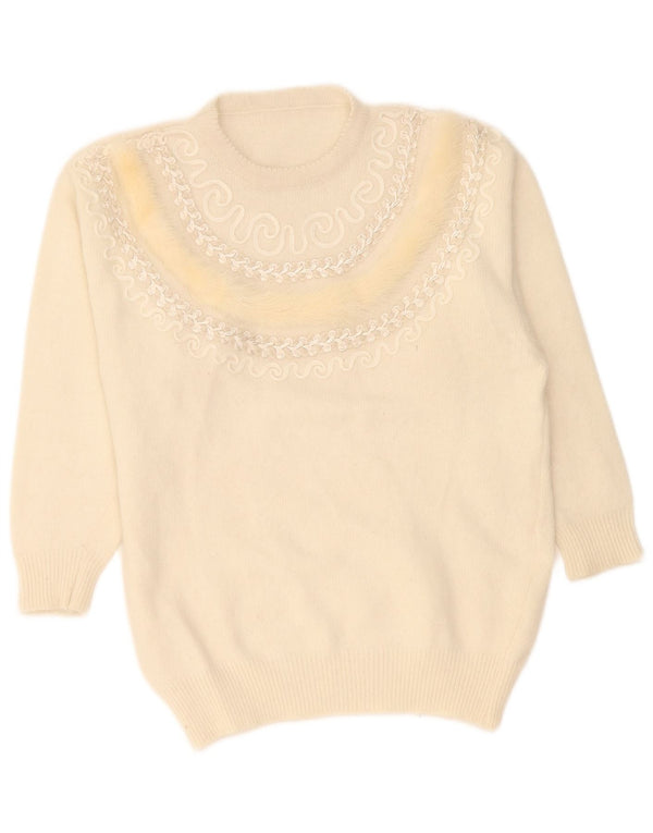 vintage Womens Crew Neck Jumper Pull UK 16 Grande laine Paisley blanc cassé