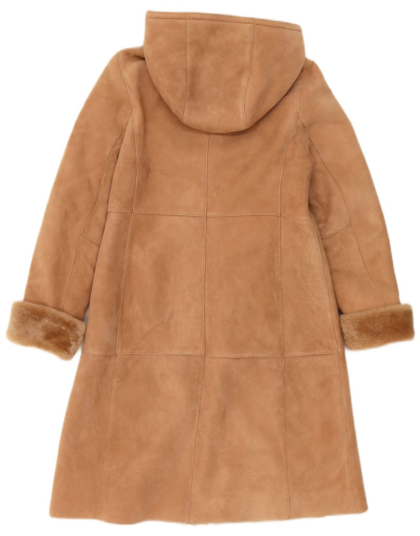 vintage Femme Manteau en peau de mouton à capuche UK 10 Petit Beige
