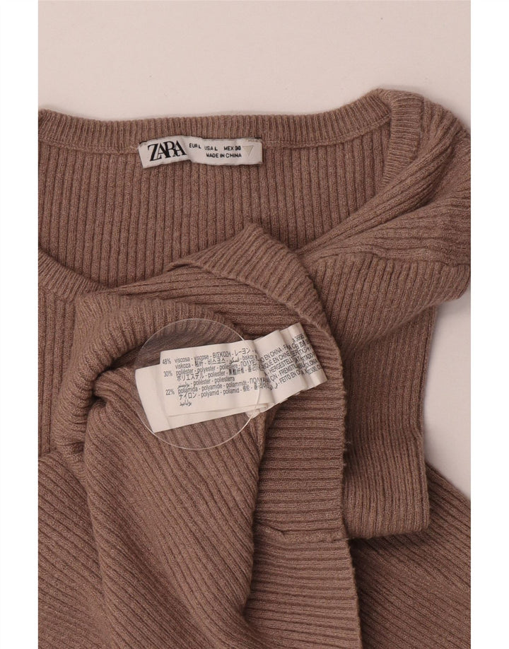ZARA Femme Crop Top Manches Longues UK 14 Large Marron Viscose