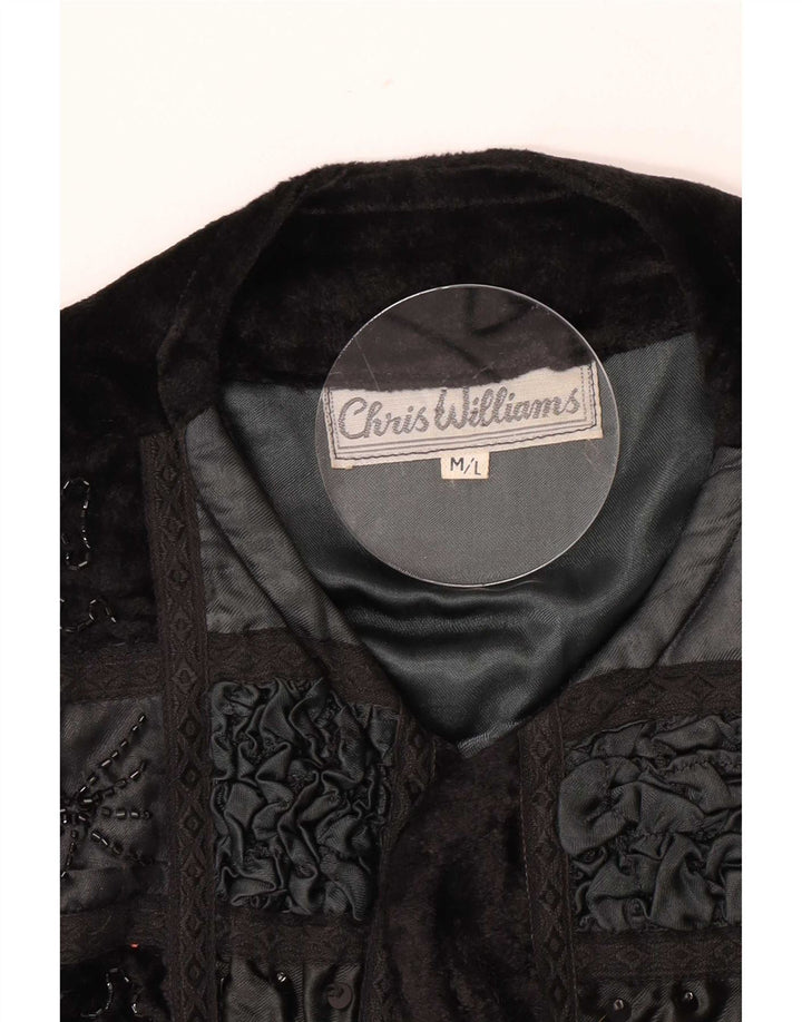 vintage Femme Velours Boléro Veste UK 12 Moyen Noir Patchwork