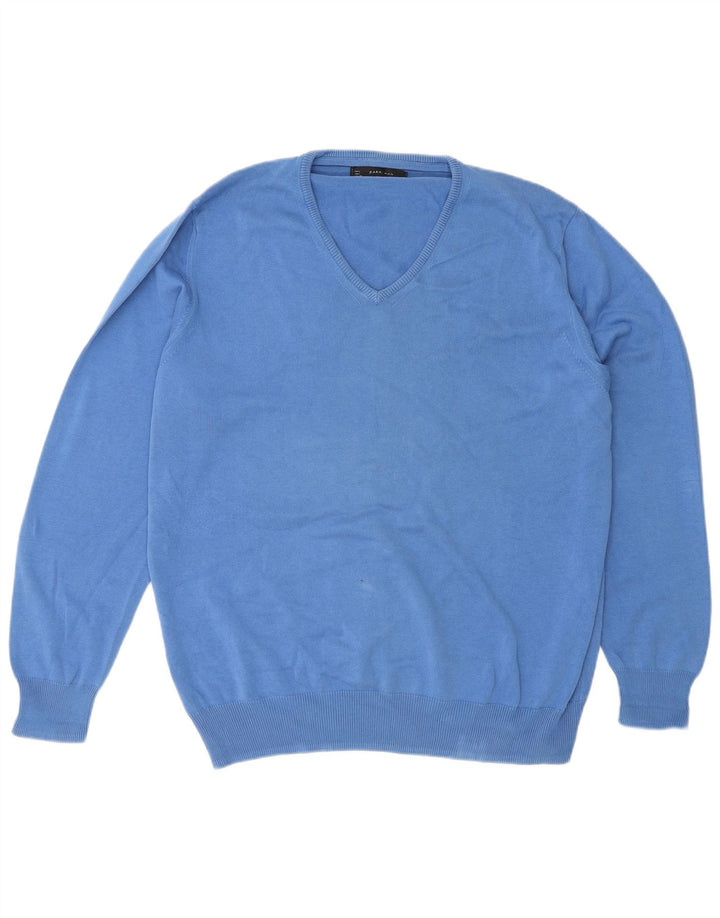 Zara Pull col V pour hommes, grand, bleu