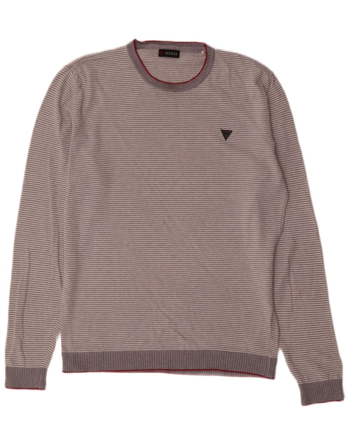 Guess Pull à col rond pour homme en coton rayé gris Large