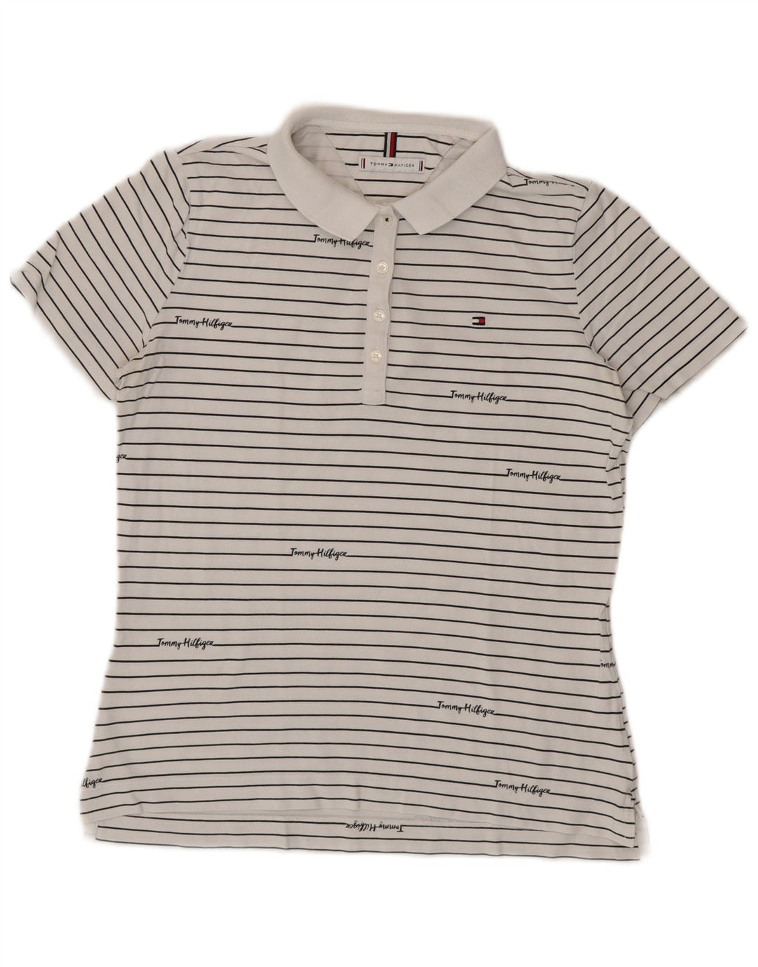 TOMMY HILFIGER Polo Graphique Femme UK 14 Medium Blanc Rayé