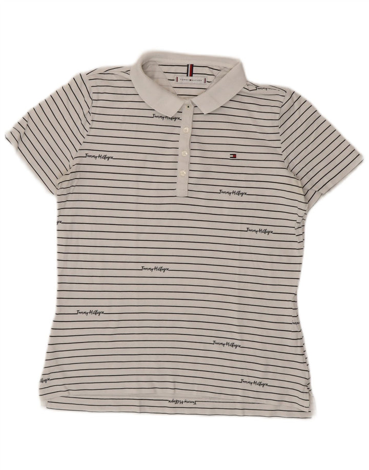 TOMMY HILFIGER Polo Graphique Femme UK 14 Medium Blanc Rayé