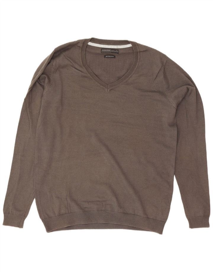 Zara Pull col V pour homme en coton gris Taille L