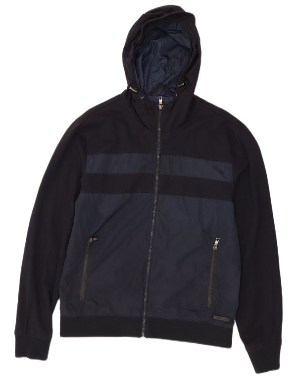 Zara Veste bomber à capuche pour homme UK 42 XL Bleu marine Colorblock Polyester