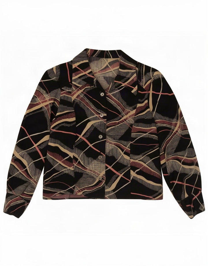 vintage Femmes Motif Abstrait Chemise Blouse UK 14 Moyen Noir
