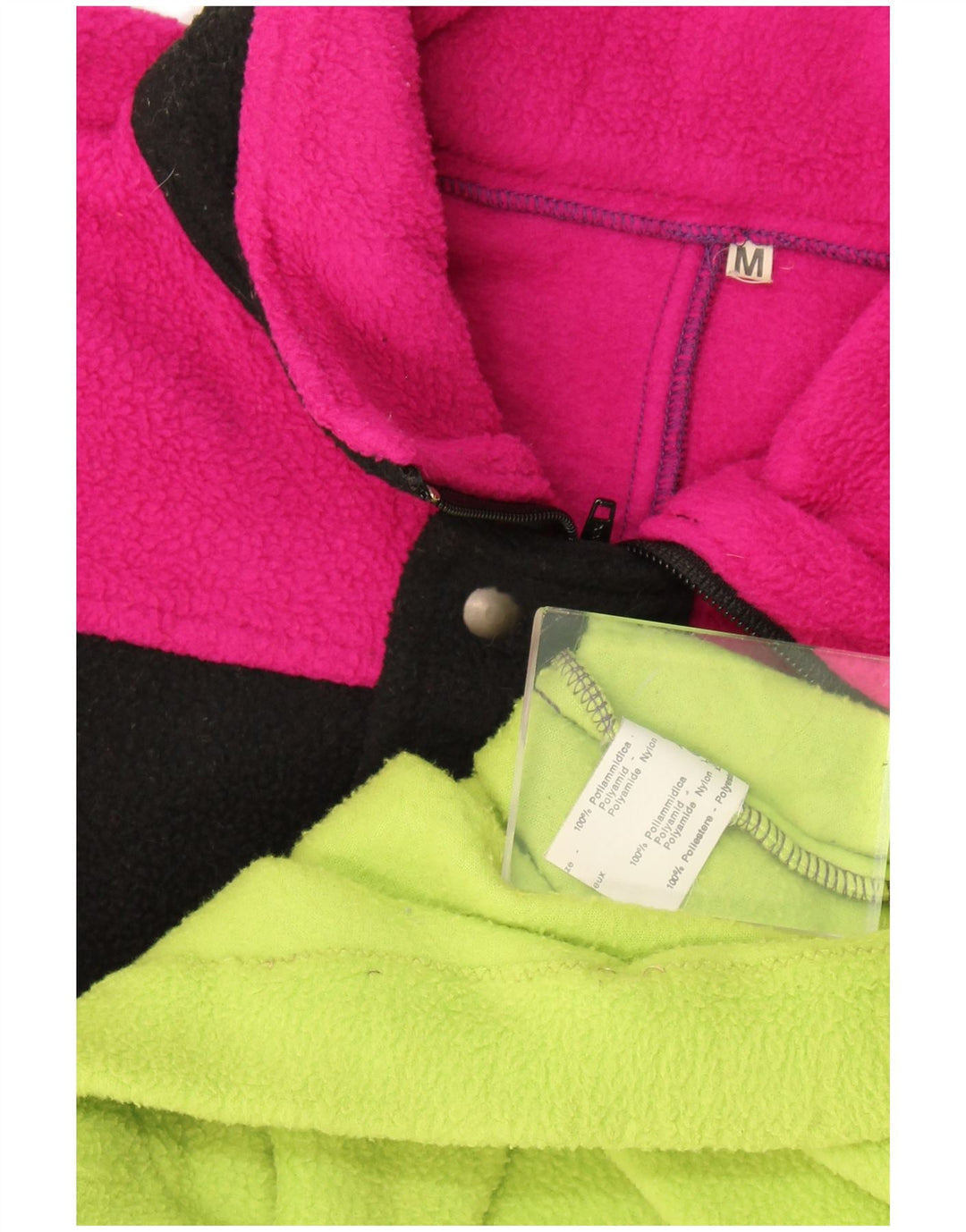 vintage Mens Zip Neck Fleece Jumper Moyen Vert Colorblock Polyester
