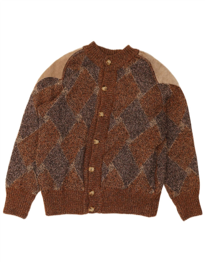 vintage Mens Cardigan Pull Moyen Brun Argyle/Diamant
