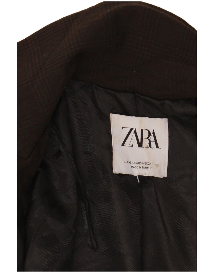 Zara Womens Crop 1 Button Blazer Jacket UK 6 XS Marron Pied-de-poule