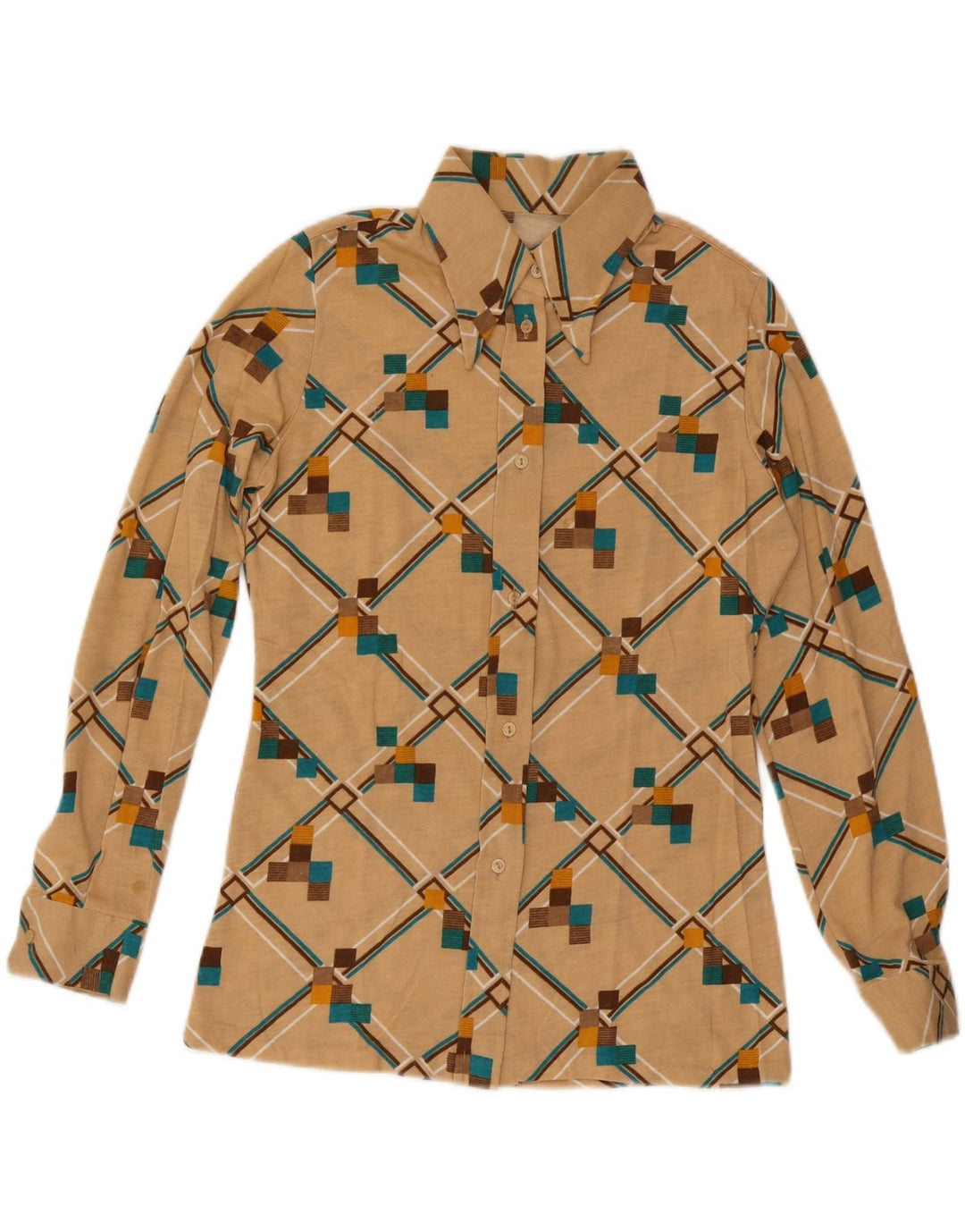 VINTAGE Chemise Femme UK 12 Moyen Beige Géométrique