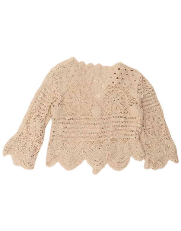 vintage Femmes Crop 3/4 Manches Crochet Cardigan Pull UK 4 XS Beige