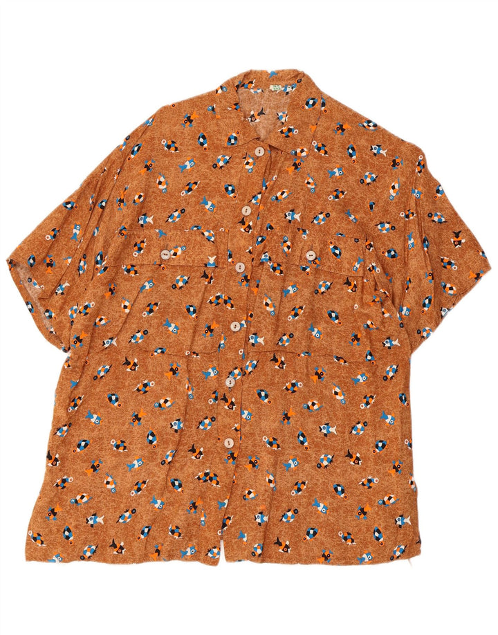 vintage Femmes Surdimensionné Motif Abstrait Chemise Blouse UK 10 Petit Brun