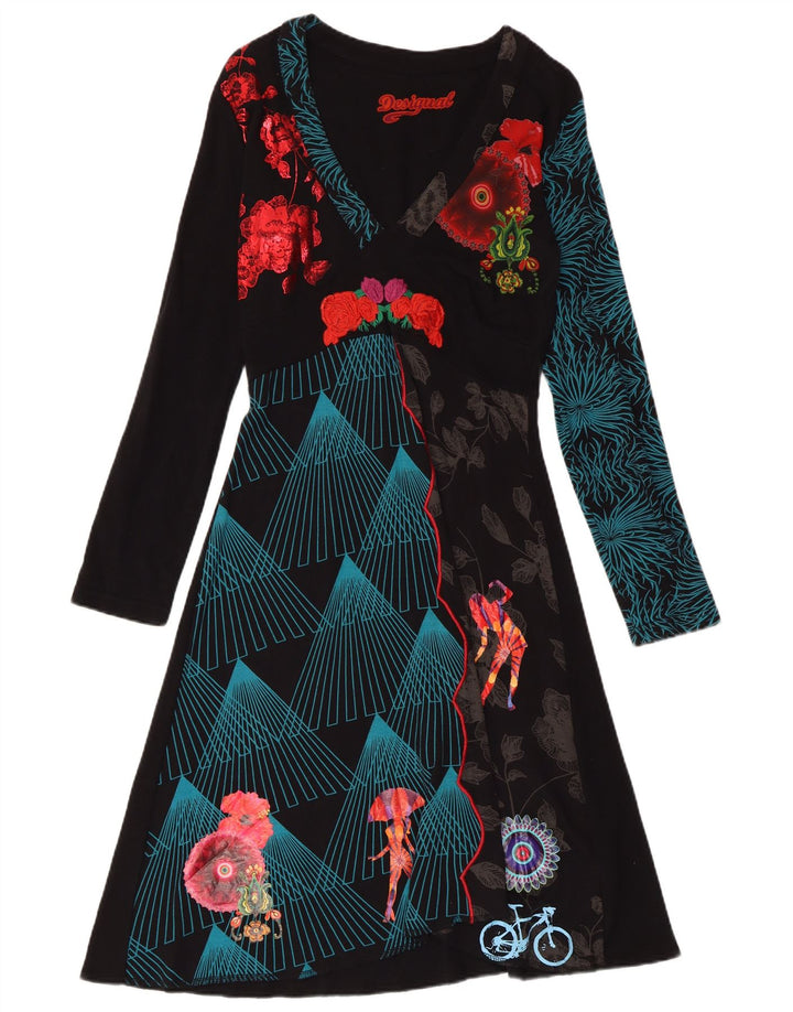 DESIGUAL Robe trapèze graphique à manches longues pour femme UK 18 XL Noir Floral