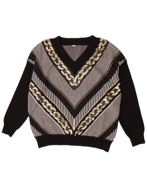 vintage Femme V-Col Jumper Pull UK 14 Grand Polyester Rayé Noir