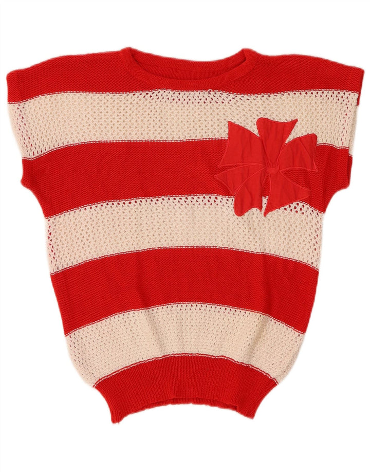 VINTAGE Femmes Crop Crew Neck Jumper Pull UK 14 Moyen Multicolore