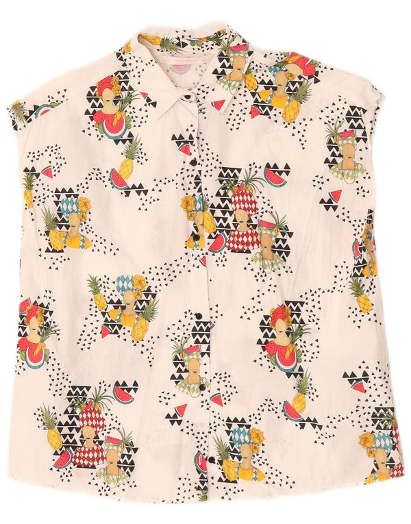 Zara Womens Trafaluc Chemise sans manches Blouse UK 10 Petit Blanc Géométrique