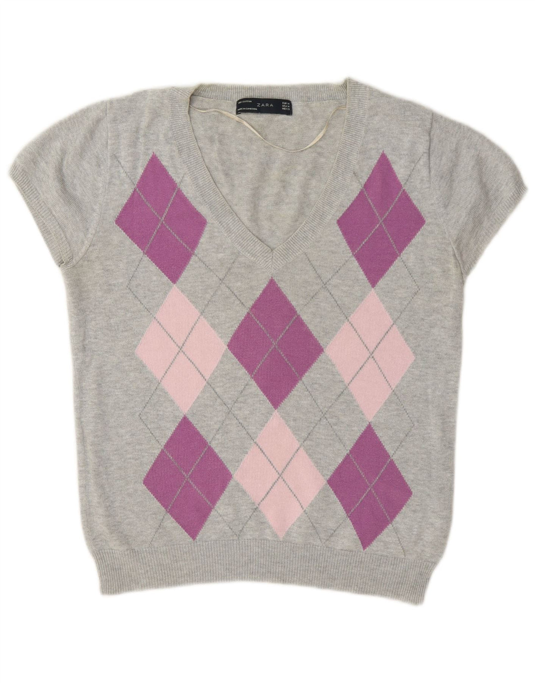 Zara Pull col V pour femme UK 12 Gris moyen Argyle/Diamant