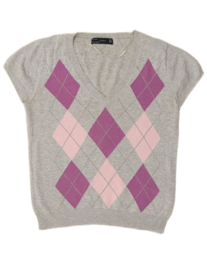 Zara Pull col V pour femme UK 12 Gris moyen Argyle/Diamant