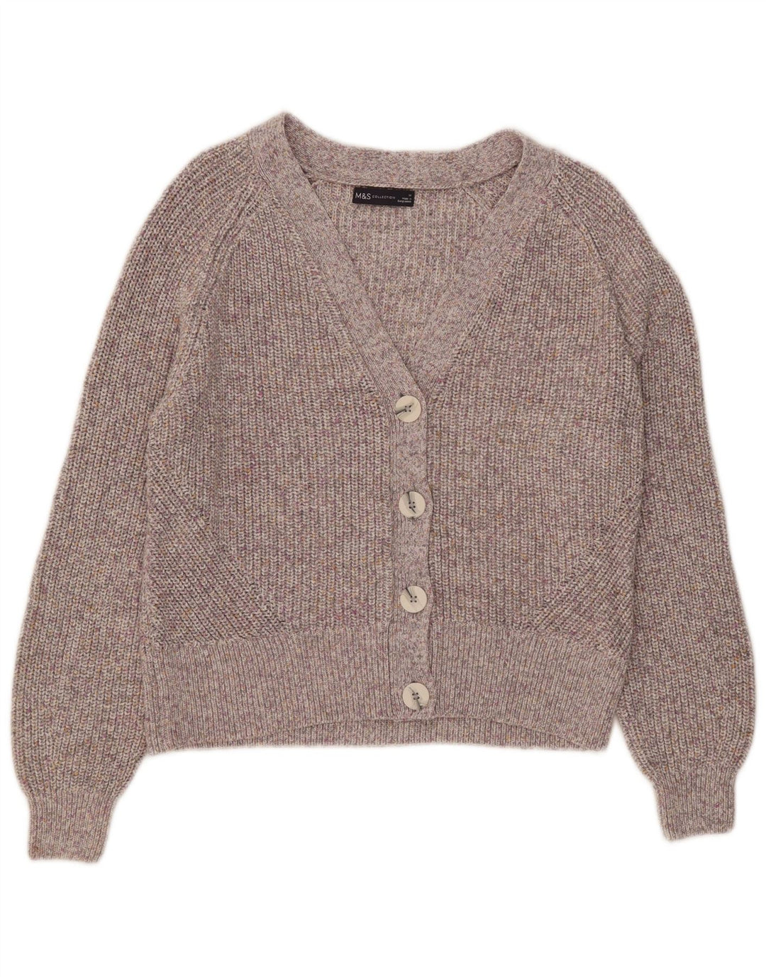 MARKS & SPENCER Pull Cardigan Femme UK 14 Coton Chiné Gris Moyen