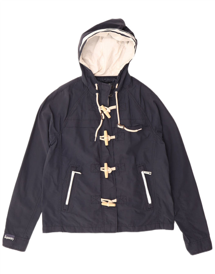 SUPERDRY Womens Hooded Duffle Jacket UK 14 Medium Navy Blue Cotton