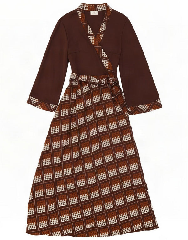 Robe portefeuille à manches 3/4 vintage pour femme UK 44 Polyester géométrique marron moyen