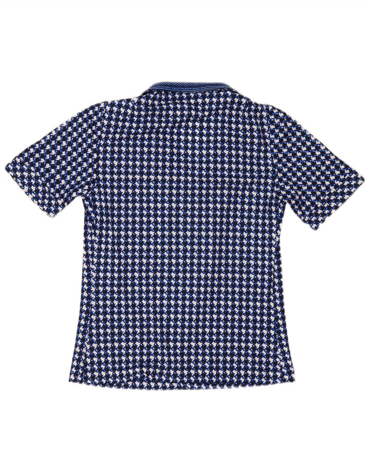 vintage Femme Blouse Top UK 10 Petit Pied-de-poule Bleu Marine