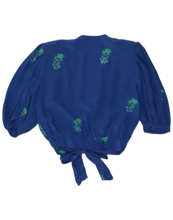 vintage Femmes Crop Cardigan Top UK 14 Bleu Moyen Floral