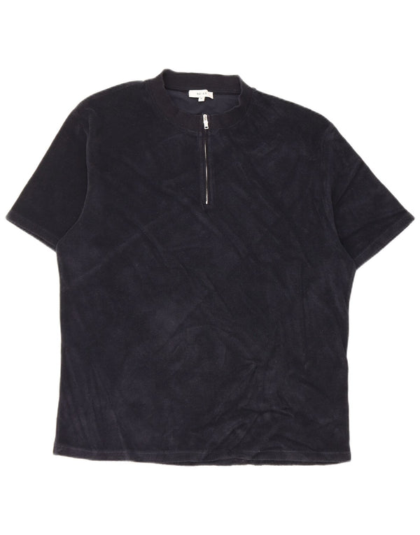 Reiss Hommes Zip Neck T-Shirt Top XL Bleu Marine Coton