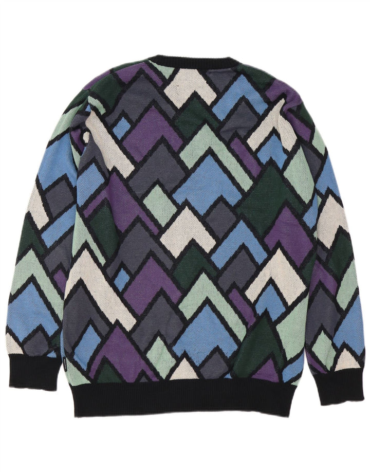 vintage Mens Crew Neck Jumper Pull Moyen Multicolore Géométrique Coton