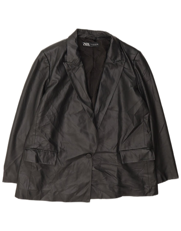 Zara Womens 1 Button Faux Leather Blazer Jacket UK 18 XL Noir Polyéthylène