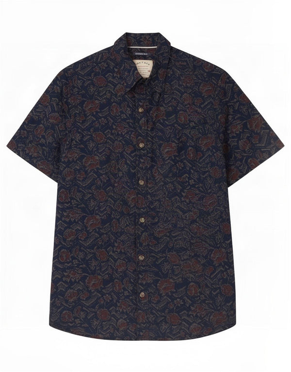 Fat Face Chemise à Manches Courtes Indigo Homme Petit Coton Floral Bleu Marine