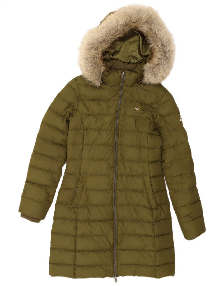 Tommy Hilfiger Manteau rembourré à capuche pour femme UK 10 Small Vert Polyester