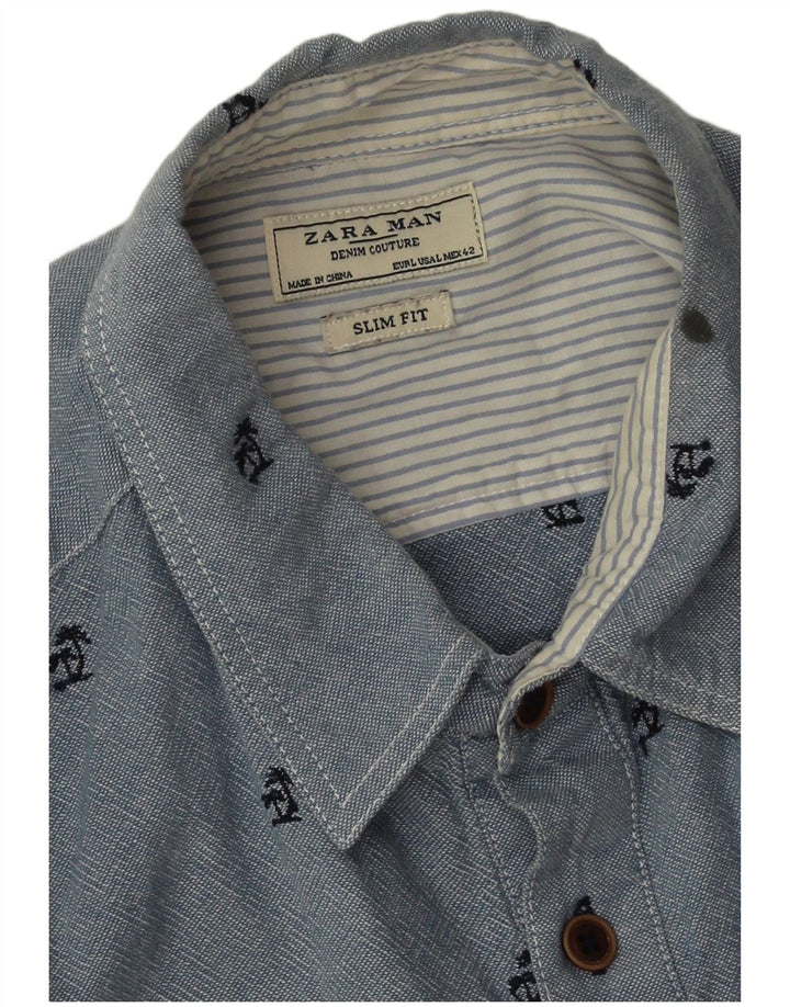 Zara Hommes Slim Fit Pull Shirt Grand Bleu Spotted Cotton