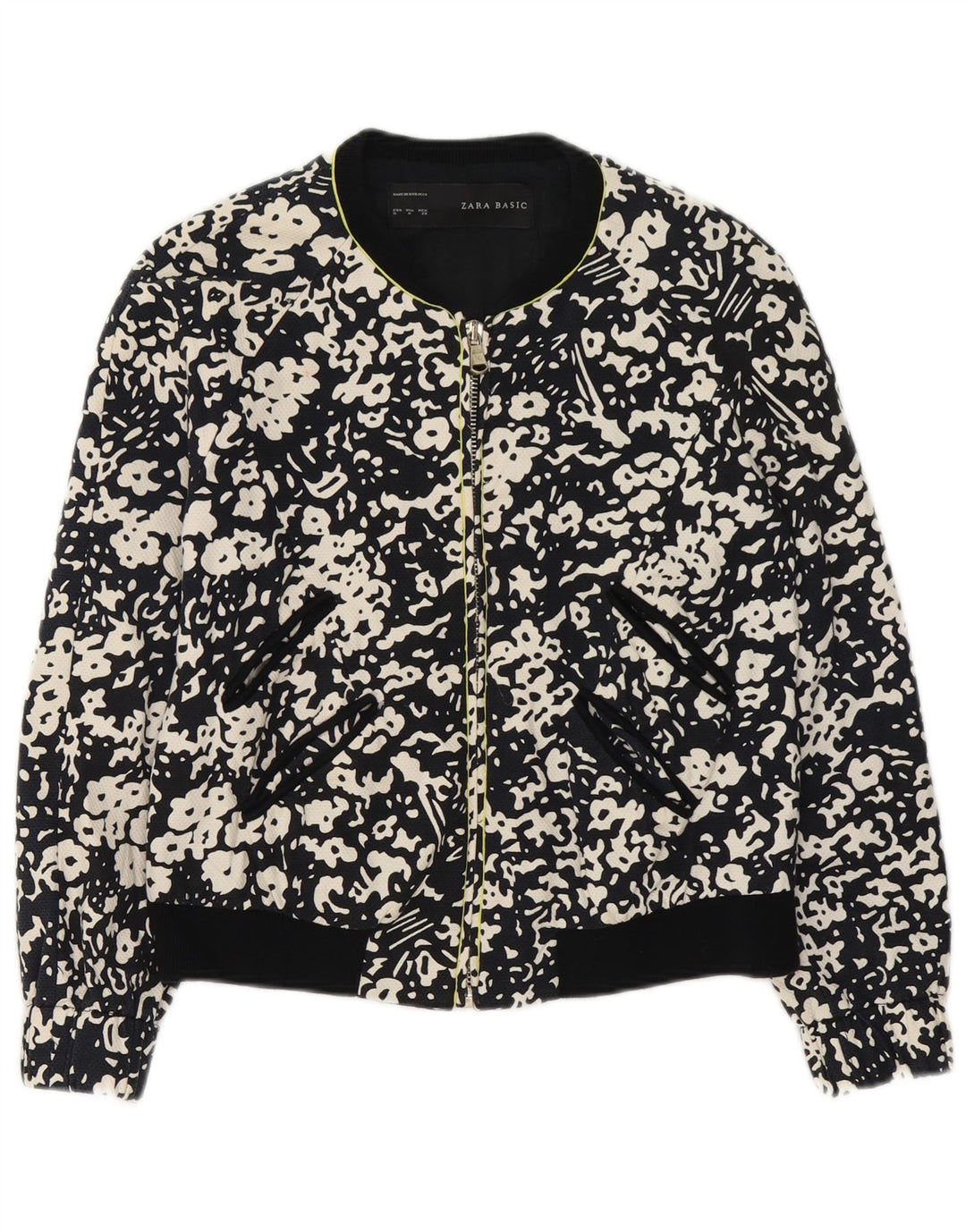Zara Womens Full Zip Bomber Jacket UK 14 Moyen Noir Floral Coton