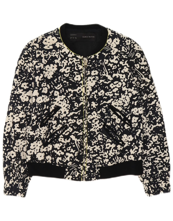Zara Womens Full Zip Bomber Jacket UK 14 Moyen Noir Floral Coton