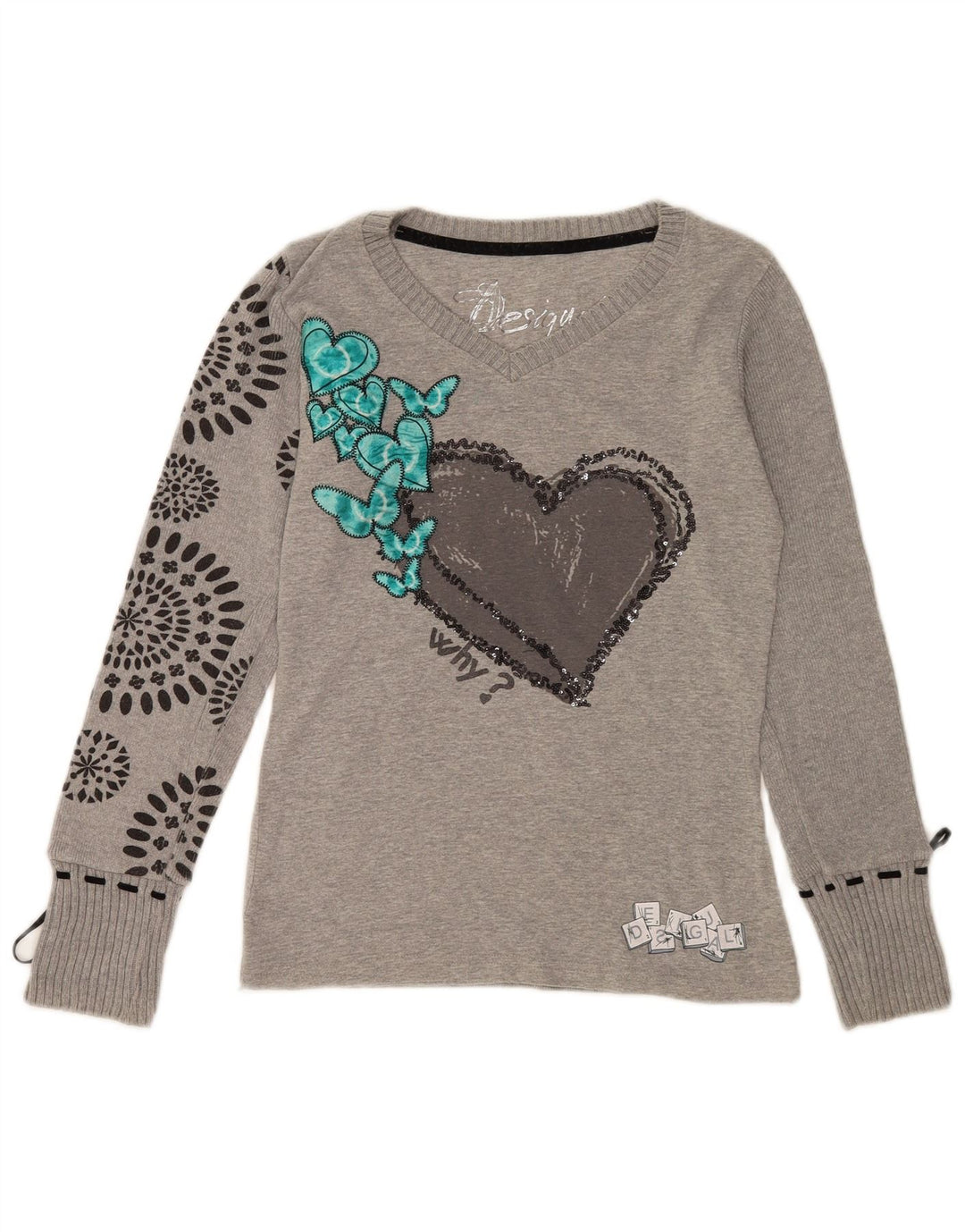 Desigual Femme Graphic Top Manches Longues UK 14 Coeur Gris Moyen