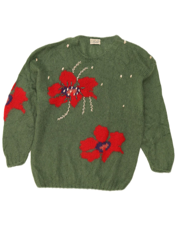 vintage Femmes Graphique Bateau Cou Jumper Pull UK 20 2XL Vert Floral