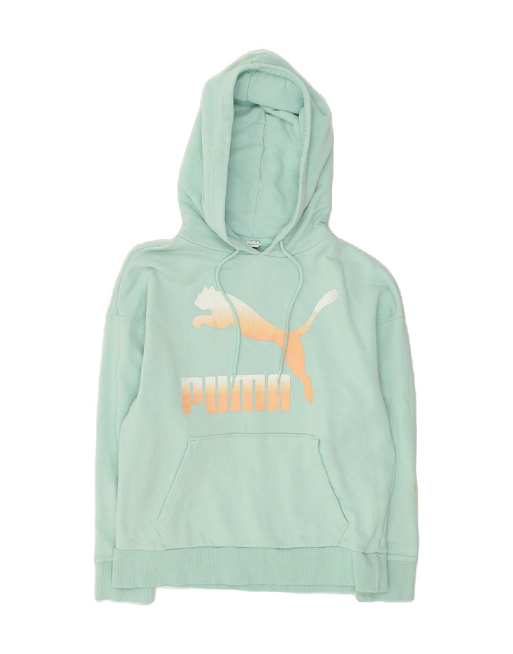 PUMA Womens Loose Fit Graphic Hoodie Jumper UK 6 XS Green Cotton | Vintage Puma | Thrift | Second-Hand Puma | Used Clothing | Messina Hembry 