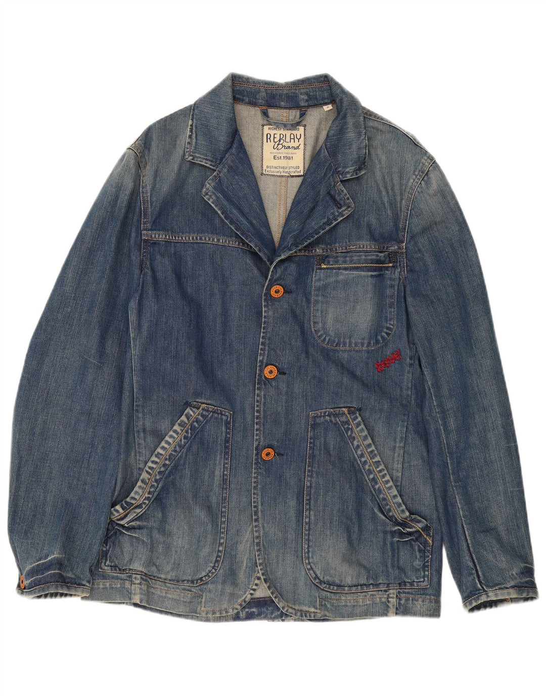 Replay Veste blazer en jean à 3 boutons pour homme UK 38 Bleu moyen Coton