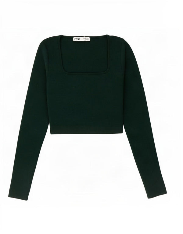 Zara Womens Crop Top Manches Longues UK 8 Petit Vert