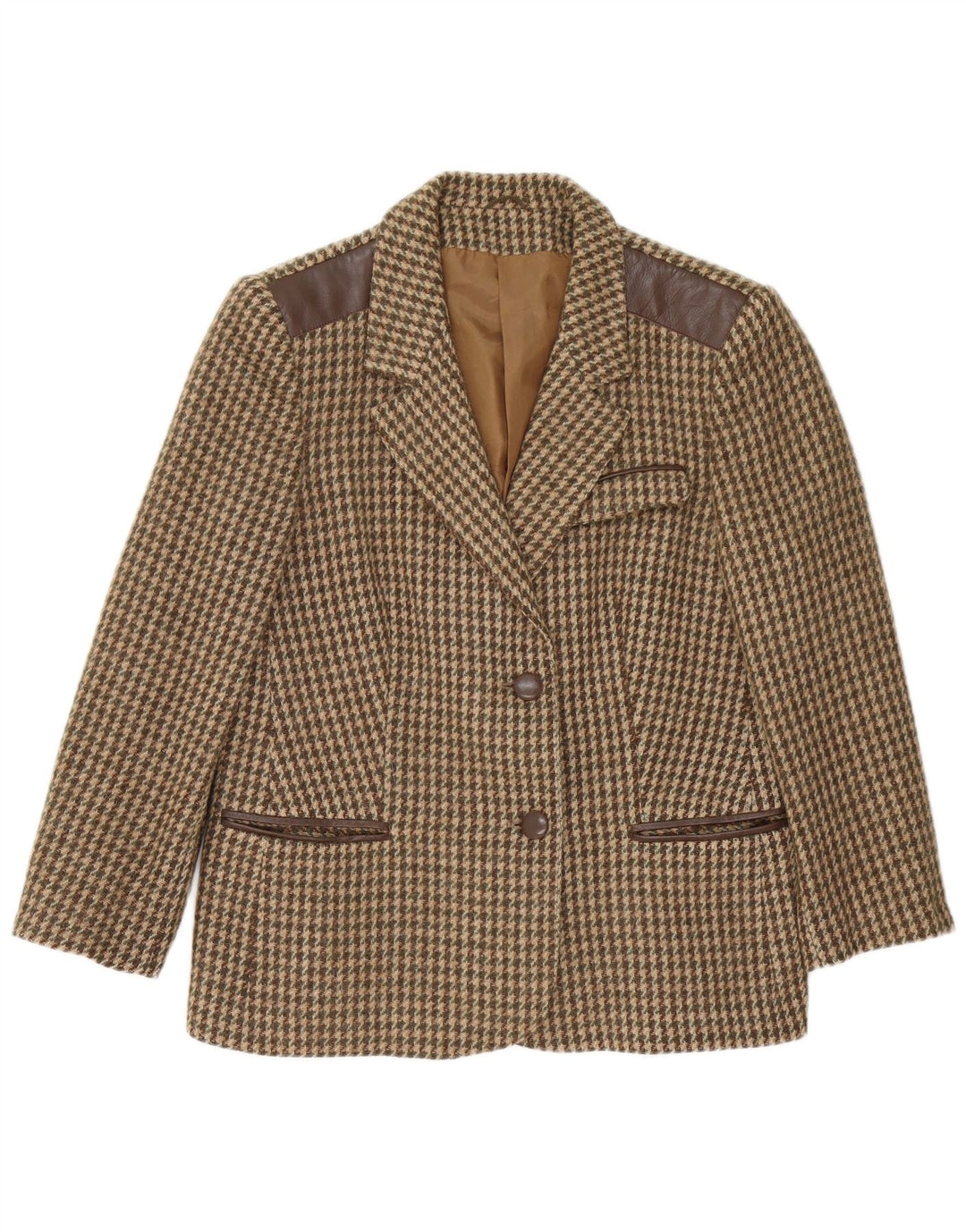 vintage Femme 2 Bouton Blazer Veste IT 48 XL Marron Pied-de-poule Laine