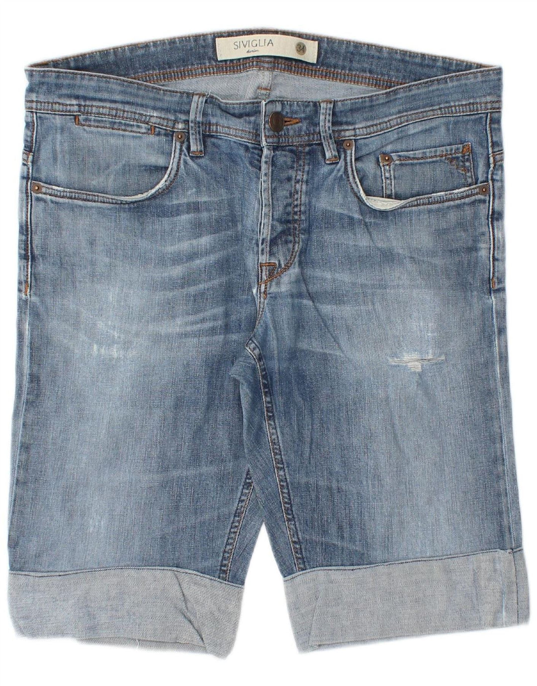 SIVIGLIA Mens Distressed Denim Shorts W34 Large Blue Cotton