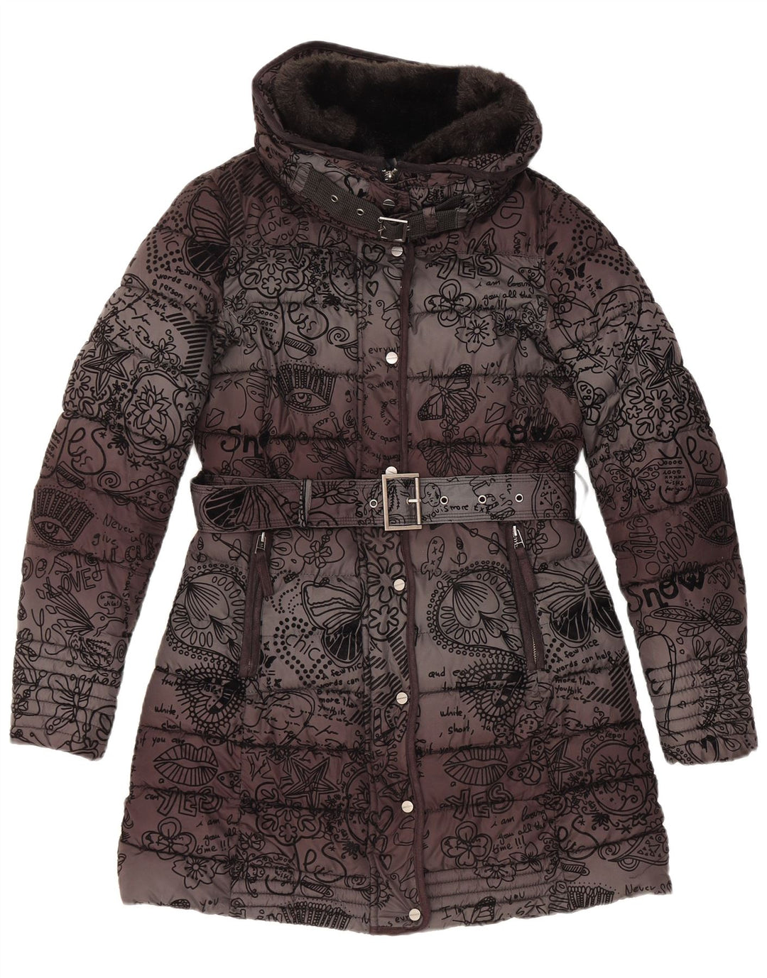 Desigual Manteau rembourré à capuche pour femme EU 38 Medium Noir Floral Polyester
